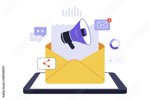 Illustration of Promotional Email and Online Shopping Discount. A promotional email coming out of an envelope with a megaphone, representing retail sales and digital discount offers