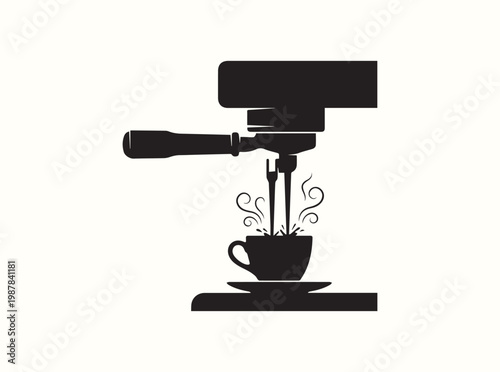 Simple black graphic element of a portafilter and coffee streams with rising steam lines for step by step guide on making a perfect espresso shot