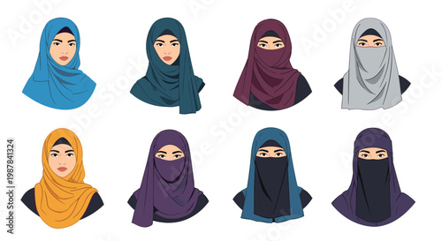 Diverse portraits of muslim women wearing various styles of hijabs and niqabs in a range of elegant colors.