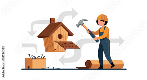 A skilled female carpenter wearing an orange safety helmet and blue overalls uses a large hammer to construct a detailed wooden birdhouse with care.