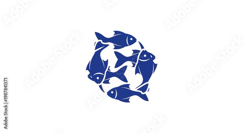 Blue fish circle symbol isolated on white background, aquaculture, fishing, teamwork concept