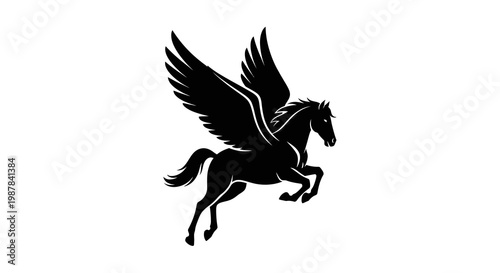 Black silhouette of Pegasus, a mythical winged horse, in dynamic flight against a white background.