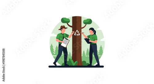 Professional male and female forest rangers wearing green uniforms and hats inspect a large tree trunk featuring a white recycling symbol in a lush forest.