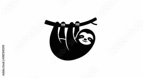 Cute Black Sloth Hanging on Tree Branch Silhouette Vector