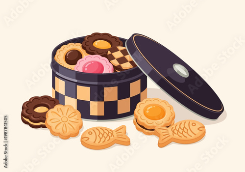 Assorted Gourmet Butter Cookies and Biscuits in Decorative Metal Tin Box Illustration