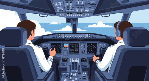 Professional pilots managing complex controls in a modern airplane cockpit while flying high above the clouds.