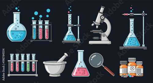 Scientific laboratory equipment set featuring colorful beakers, test tubes, a microscope, magnifying glass, and medicines.