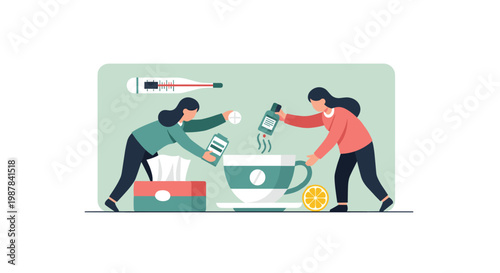 Two diligent women carefully prepare a large steaming cup of herbal tea using various medicines and fresh lemon to treat a common seasonal cold or flu.