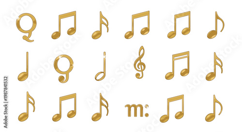 Collection of golden musical note icons featuring different types like crotchet and quaver on a plain white background.