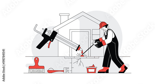 A professional construction worker wearing a red safety helmet and black overalls meticulously applies sealant to a cracked house foundation using a tool.