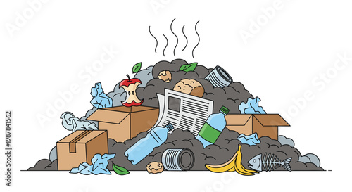 Large pile of unsorted garbage including cardboard boxes, plastic bottles, newspaper, food waste, and a fish skeleton.