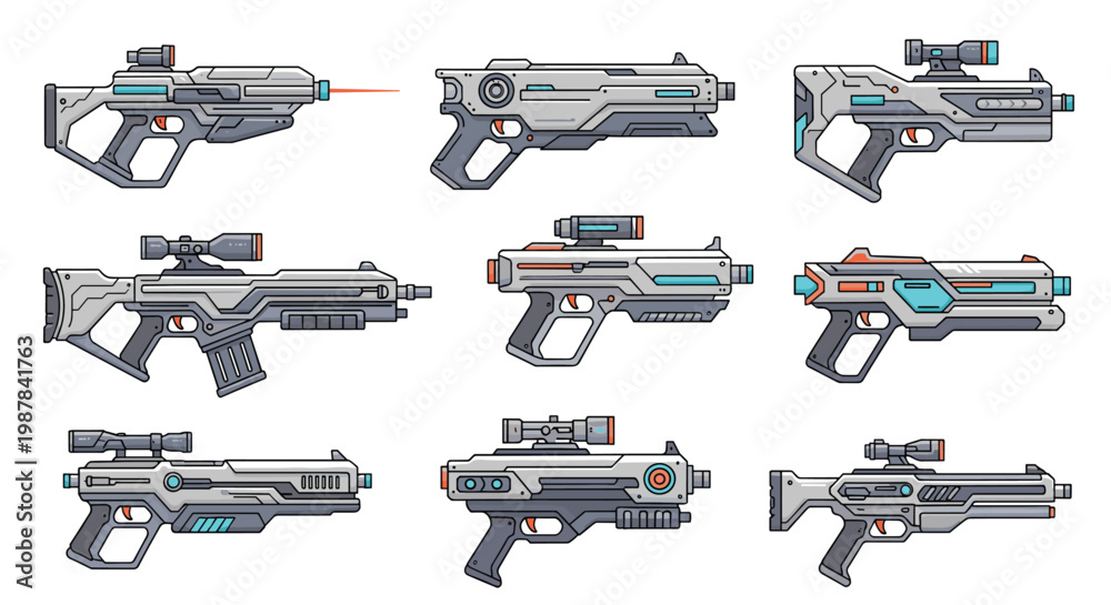 Naklejka premium Collection of futuristic sci-fi energy weapons and blasters designed in a detailed digital art style with various color accents.
