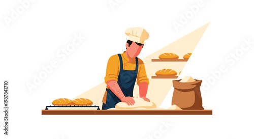 Skillful baker wearing a traditional white toque and blue apron meticulously kneads fresh bread dough on a wooden counter in a warm sunlit bakery shop.