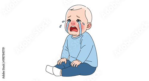 Crying baby sitting on floor looking sad.