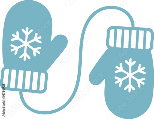 Pair of blue winter mittens with snowflake design connected by string
