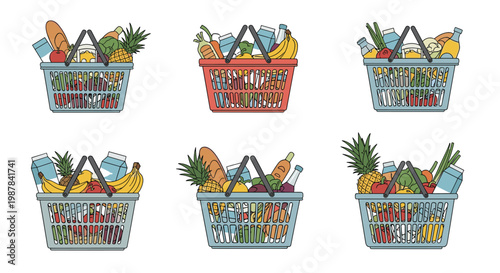Set of six plastic shopping baskets overflowing with various grocery items like fruits, vegetables, bread, and bottled drinks.