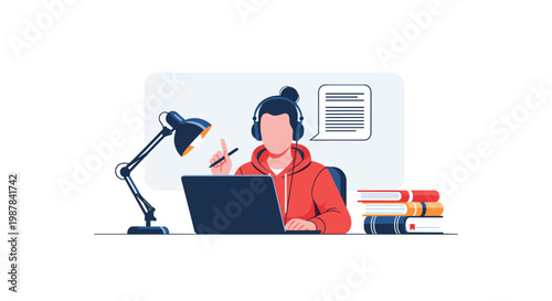 A focused young student wearing large blue headphones and a vibrant red hoodie studies diligently at a desk with a laptop and stacked textbooks.