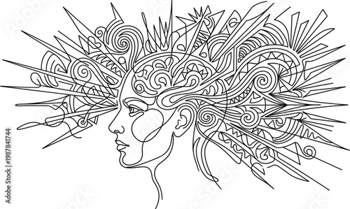 Abstract human head creative mind explosion concept line art imagination chaos ideas brain energy outline vector illustration design