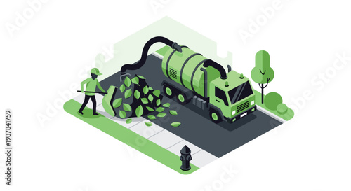 A specialized green sanitation truck equipped with a large suction hose efficiently collects a massive pile of fallen autumn leaves from a clean street.