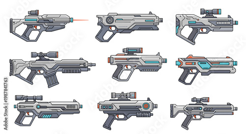 Collection of futuristic sci-fi energy weapons and blasters designed in a detailed digital art style with various color accents.