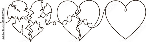 Broken to healed heart love journey concept line art relationship recovery emotional repair outline vector illustration minimal design