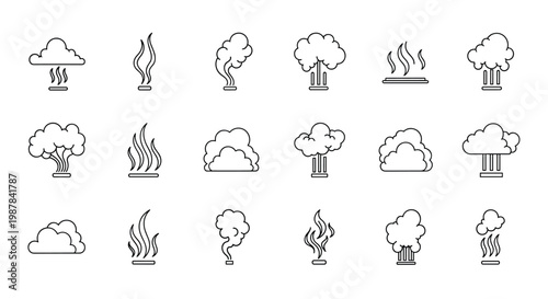 Minimalist black and white icons representing various forms of smoke, steam, and clouds for use in technical or design projects.