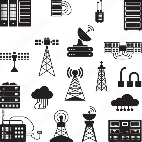 Telecommunication infrastructure icon set broadcast network cloud server satellite silhouette