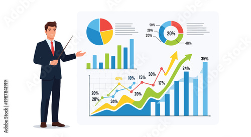 Businessman presenting data analysis charts.