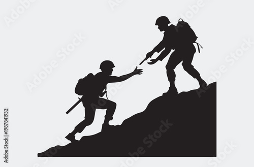 A soldier helping another soldier climb a hill is a powerful image of teamwork, brotherhood.