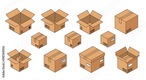 Set of isometric cardboard boxes in various sizes and states, including open, closed, and packed for moving or shipping purposes.