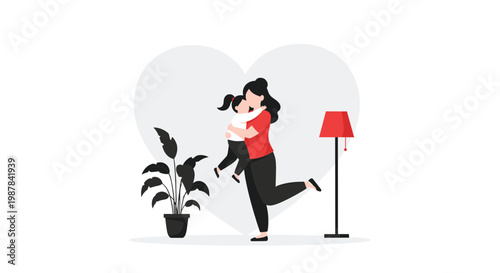 A loving mother wearing a vibrant red shirt affectionately embraces her young daughter in a cozy room featuring a large grey heart and a stylish lamp.