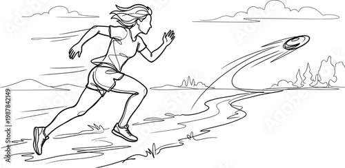 Running woman chasing goal speed motivation success concept fitness dynamic movement line art outline vector illustration design