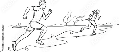Running competition concept man chasing woman race speed fitness motivation challenge line art outline vector illustration dynamic design