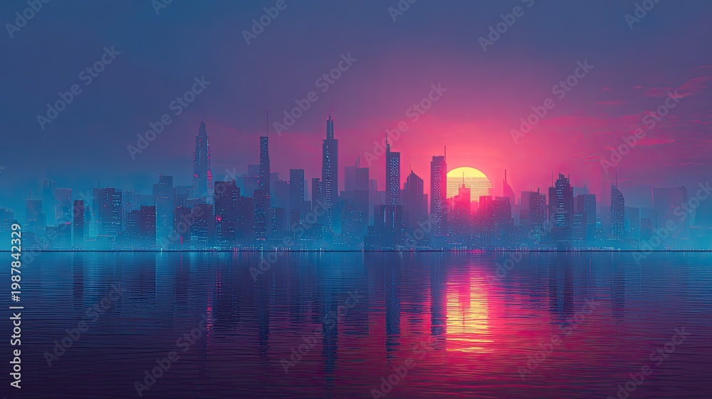 Fototapeta premium Vibrant sunset over a futuristic city skyline reflecting on calm waters, evoking a serene atmosphere