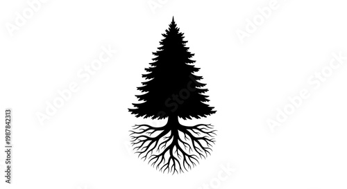 Tree silhouette, pine tree roots, black tree icon, environmental symbol, eco friendly