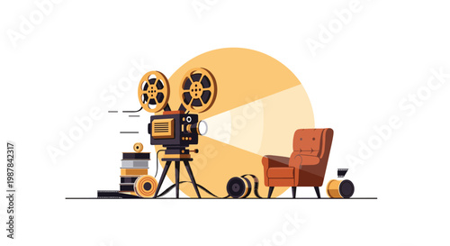 A classic vintage film projector sits amidst scattered celluloid reels while casting a powerful golden light beam across a cozy private cinema room.