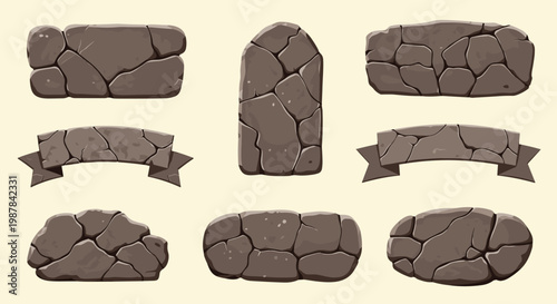 Collection of cracked stone textured UI elements such as buttons and banners designed for fantasy or prehistoric themed games.