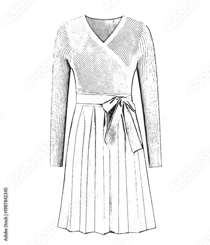 Elegant Ribbed Knit Wrap Dress with Pleated Skirt and Waist Tie