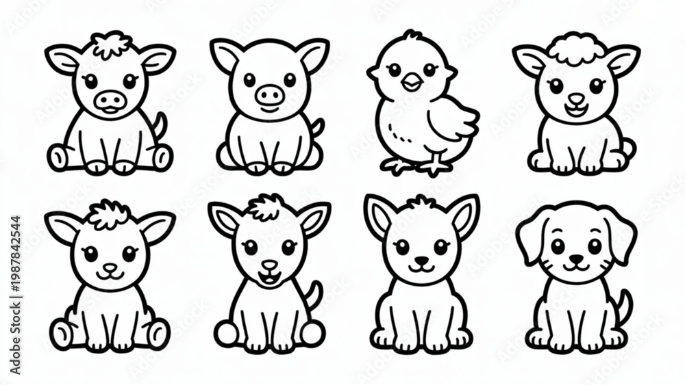 Obraz premium Cute Sitting Baby Farm Animals Line Art Set Cow, Pig, Chicken, Lamb, Goat, Horse, Puppy and Kitten Characters