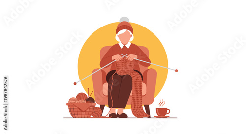 A serene elderly woman wearing a warm brown sweater sits comfortably in a plush armchair while knitting a long textured orange scarf with long needles.