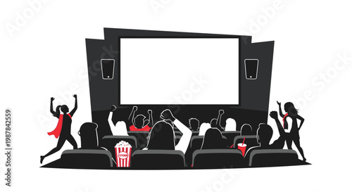 An enthusiastic audience of silhouetted figures cheers wildly inside a dark modern cinema hall while facing a massive glowing white blank projection screen.
