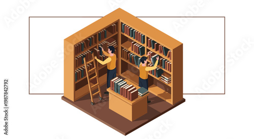 Two diligent librarians organize a vast collection of colorful hardcover books within a tall isometric wooden bookshelf featuring a rolling library ladder.