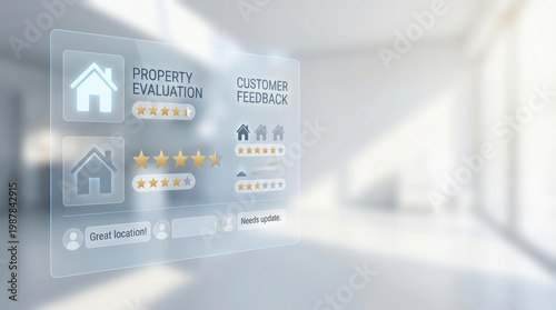 Real estate property rating and customer feedback evaluation interface for home investment analysis featuring digital star reviews and house data analytics in a modern bright interior office