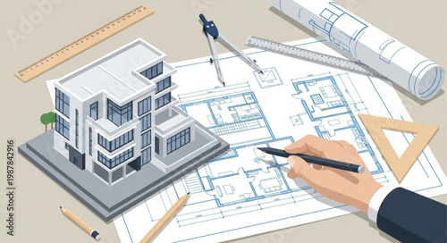 Architectural design process with building model and blueprints.