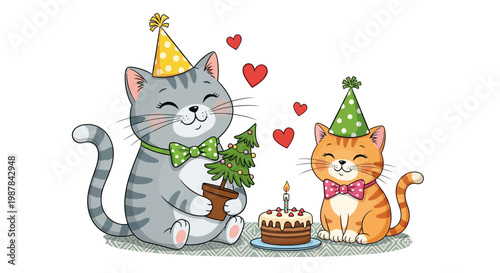 Cute cats, birthday celebration, party animals, festive pets