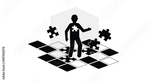 A solitary black silhouette figure stands amidst floating jigsaw puzzle pieces on a checkered floor while missing a crucial heart-shaped segment from its central chest.