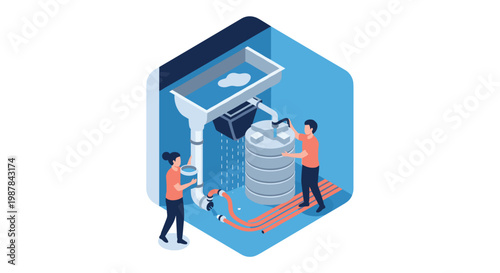 Professional technicians meticulously operate a complex industrial water filtration and storage system featuring a large gray tank and vibrant blue piping.