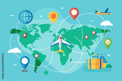 Plan your next adventure with this world travel map showing exciting destinations and airplane routes