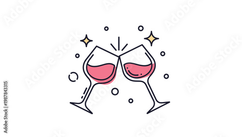 Two wine glasses filled with red wine clinking together in a celebratory toast surrounded by sparkles and bubbles on a white background.
