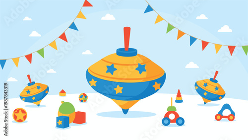 Brightly colored spinning tops and various wooden toys like blocks and cars scattered in a playroom under festive hanging bunting flags.